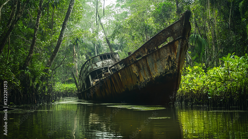 Sunken ship in swamp in tropical forest. Vector cartoon illustration of wild jungle, rainforest landscape with green marsh, old dirty yacht in water, trees trunks, grass and lianas silhouettes Sunken ship in swamp in tropical forest. Vector cartoon illustration of wild jungle, rainforest landscape with green marsh, old dirty yacht in water, trees trunks, grass and lianas silhouettes