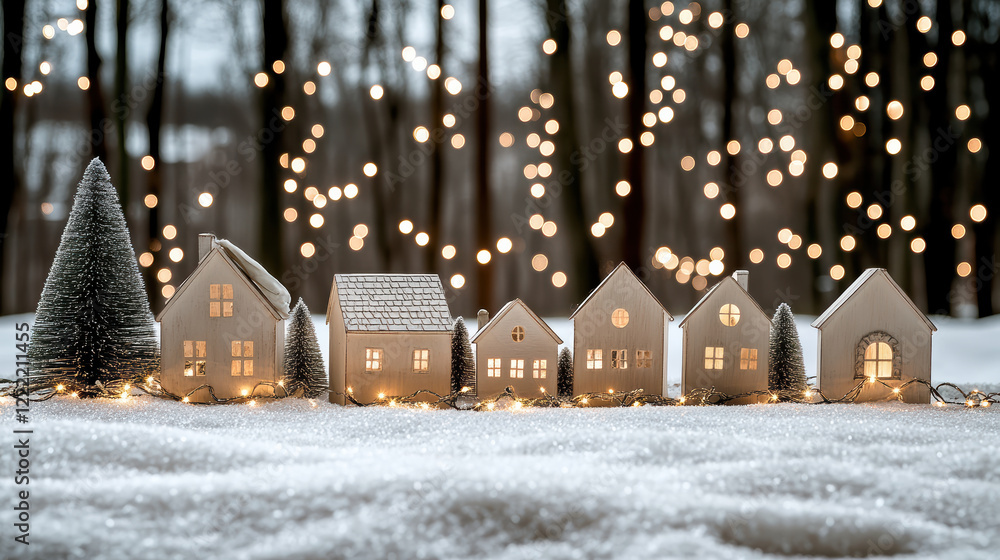 Fototapeta premium Whimsical Christmas village with tiny houses and twinkling lights in snow