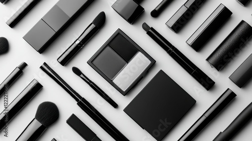 A minimalist layout of makeup products in monochrome packaging, arranged with precision for a sleek, modern aesthetic.