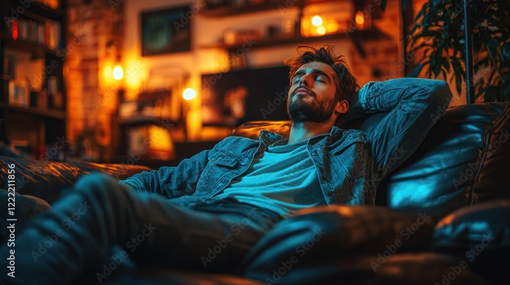 Obraz premium Relaxing Evening: Man Napping on Couch in Warmly Lit Room