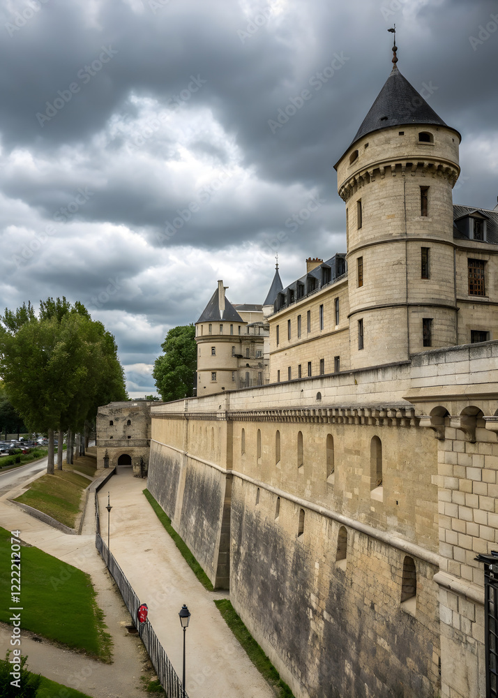 Fototapeta premium Historic Bastille fortress with towers under dramatic cloudy sky
