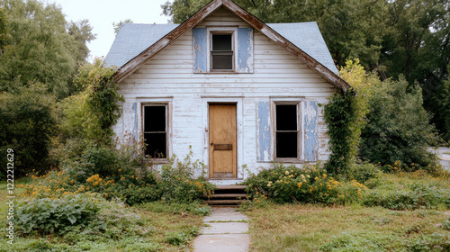 Abandoned house with hollow windows, overgrown garden, lifeless atmosphere