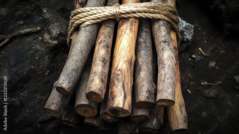 A Stack of Firewood Tied with Rope A Stack of Firewood Tied with Rope