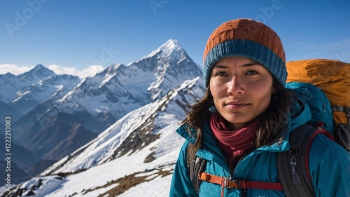 Journey through snow-capped peaks with a adventurous female traveler embracing the beauty of the mountains in the early morning light