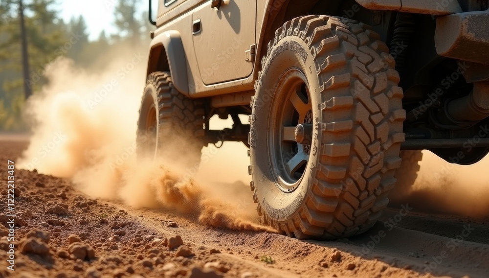Off-road vehicle kicking up dust on dirt road Off-road vehicle kicking up dust on dirt road