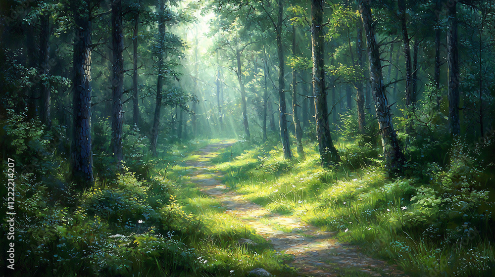 Obraz premium Serene forest path illuminated by sunlight, surrounded by lush greenery and vibrant flora