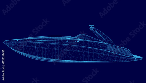 Blue boat is shown in a computerized image. The boat is shown in a very detailed and realistic way. Concept of excitement and adventure