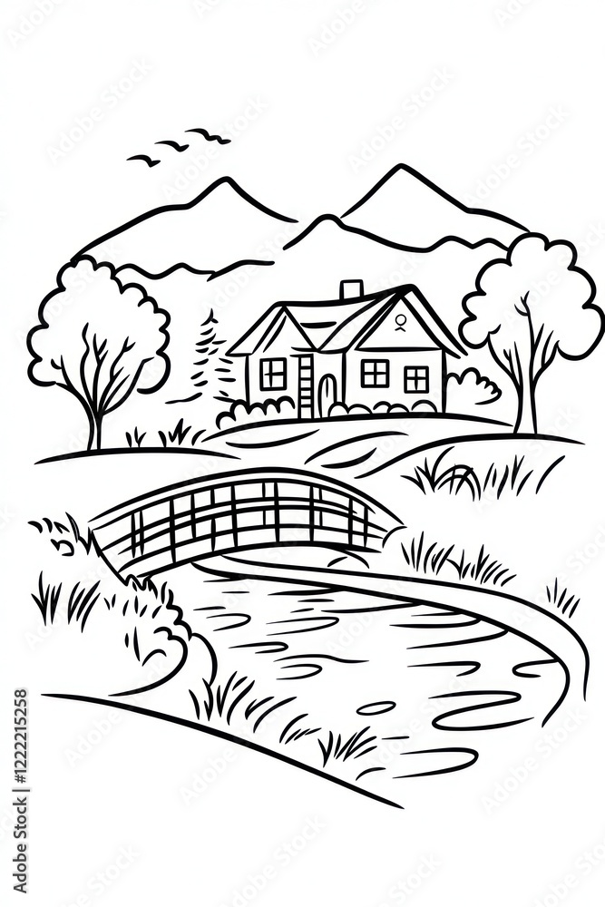 A simple black and white drawing of a house in the countryside, with a bridge over a river and mountains in the background. A simple black and white drawing of a house in the countryside, with a bridge over a river and mountains in the background.