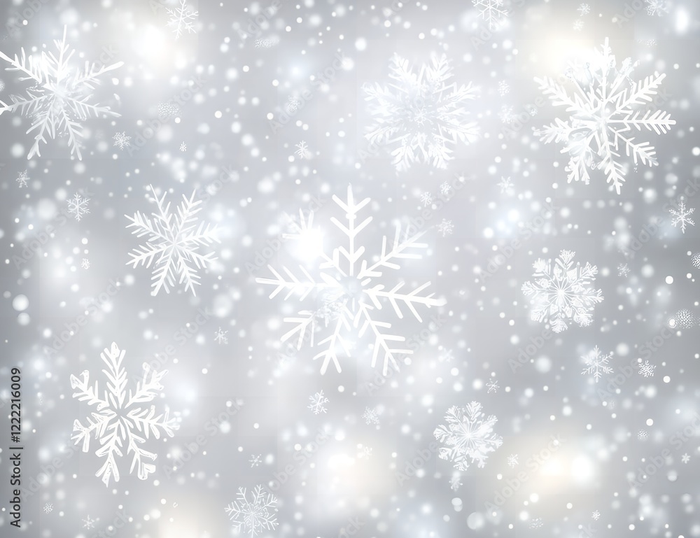 Sparkling Silver Winter Background with Falling Snowflakes and Glimmering Lights Sparkling Silver Winter Background with Falling Snowflakes and Glimmering Lights