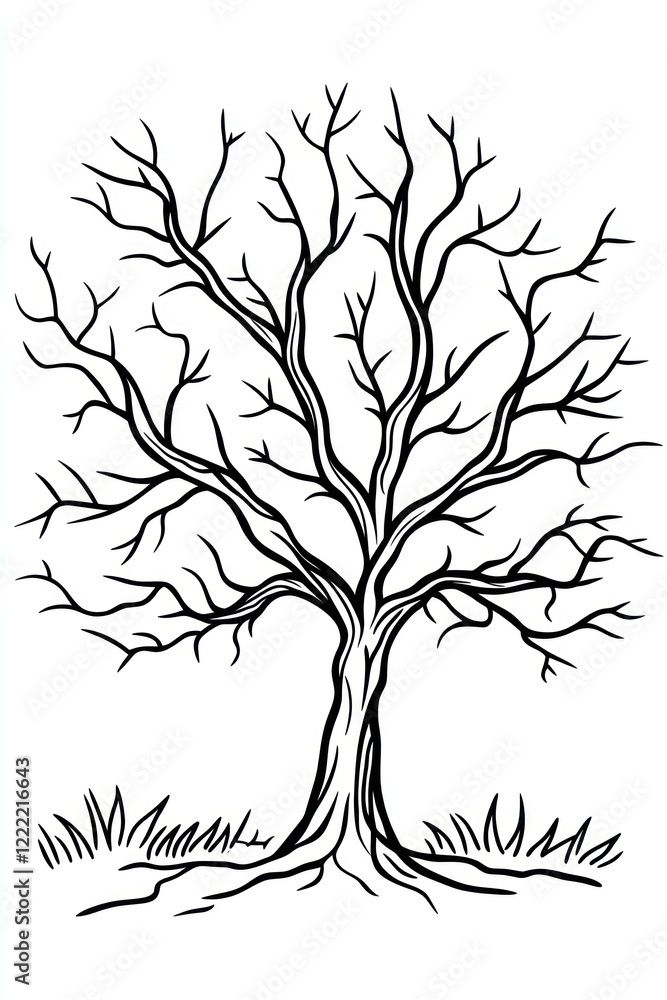 Naklejka premium A simple line drawing of a bare tree with a thick trunk and roots.