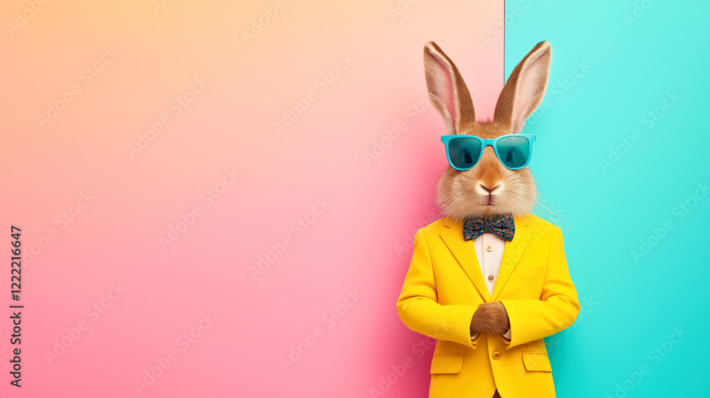 Stylish Rabbit in Yellow Suit and Sunglasses on Vibrant Split Background. Stylish Rabbit in Yellow Suit and Sunglasses on Vibrant Split Background.