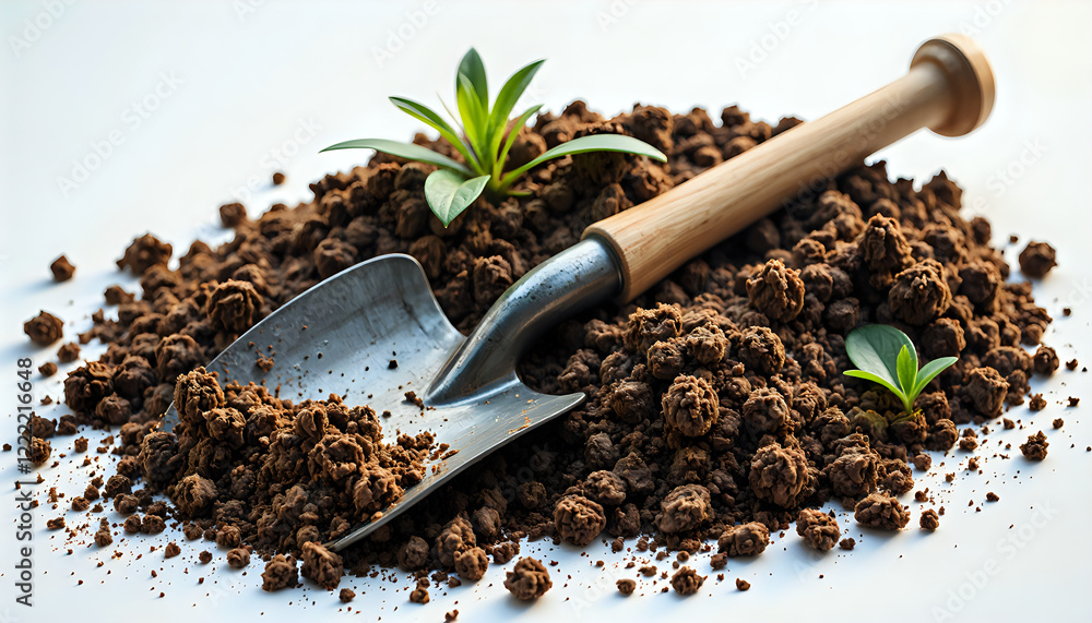 A shovel is laying on top of a pile of dirt. white background A shovel is laying on top of a pile of dirt. white background