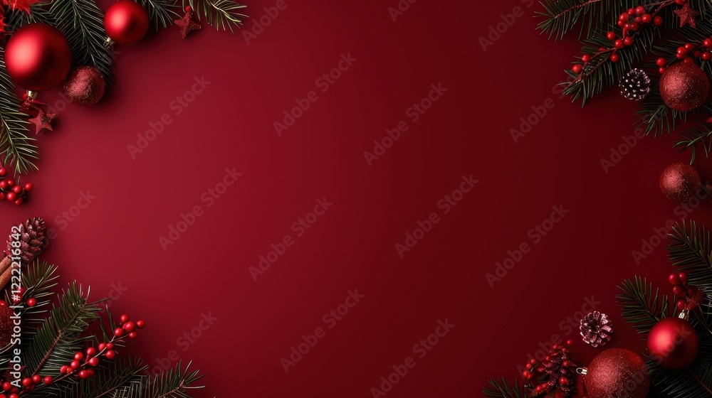 A festive red background adorned with green pine branches and red ornaments, perfect for holiday-themed designs and decorations. A festive red background adorned with green pine branches and red ornaments, perfect for holiday-themed designs and decorations.
