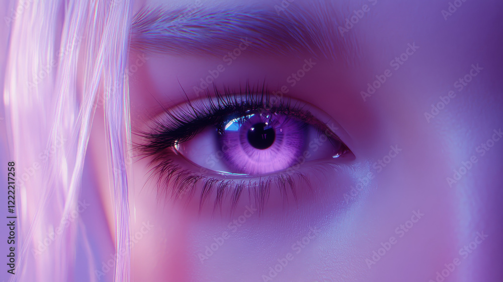 A close-up view of a serene human eye with calm lavender and white tones, delicate highlights reflecting a soft morning light A close-up view of a serene human eye with calm lavender and white tones, delicate highlights reflecting a soft morning light