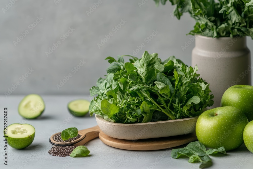 Fresh greens with apples and seeds on a light background. Fresh greens with apples and seeds on a light background.