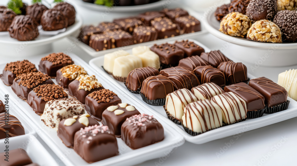 Gourmet chocolate display with various elegant treats and toppings Gourmet chocolate display with various elegant treats and toppings