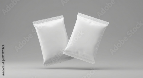 Two plain white snack packaging pouches floating against a neutral gray background, sealed with a minimalist design, ready for branding or product mockup.