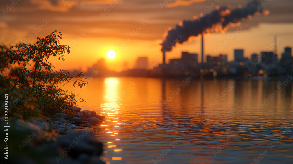 Naklejka premium Smoke and pollution rising from a large coal power plant symbolizing climate change with a dead forest blurred in the background minimalistic bright tone modern aesthetic blank caption space on the si