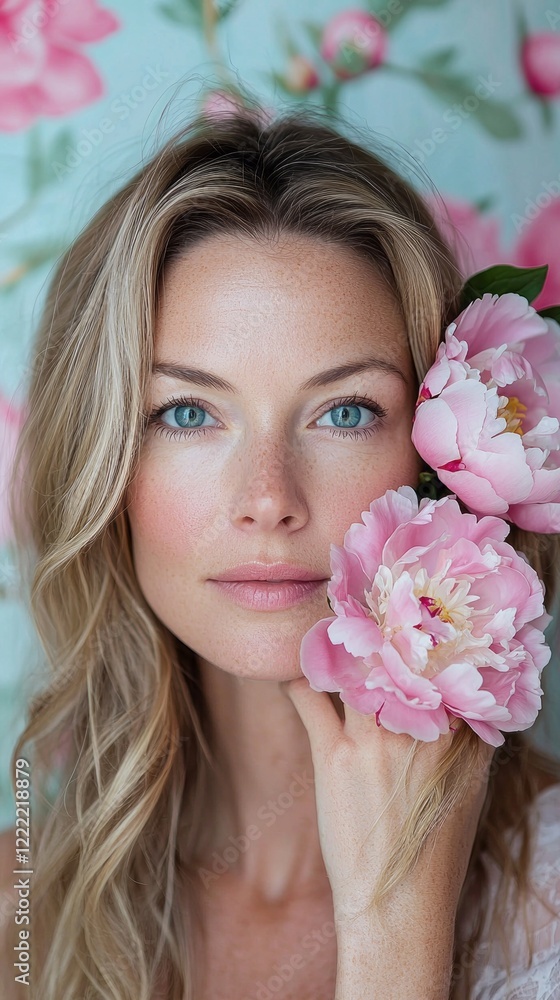 An enchanting woman gazes softly at the observer, adorned with delicate pink peonies. Her flowing hair frames her face, complementing the vivid floral background An enchanting woman gazes softly at the observer, adorned with delicate pink peonies. Her flowing hair frames her face, complementing the vivid floral background