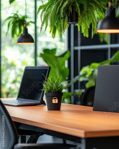 Modern office setup featuring clear signage for secure data backup solutions and organizational efficiency.