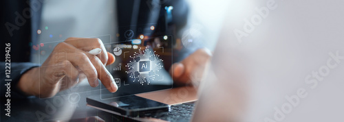 Digital transformation technology strategy, IoT, internet of things. transformation of ideas and the adoption of technology in business in the digital age, enhancing global business . Ai Banner.