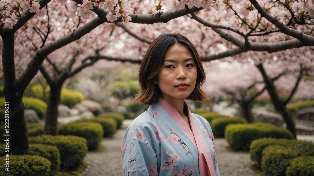 Female traveler immerses herself in the beauty of cherry blossoms while wearing a traditional kimono in a serene garden setting Female traveler immerses herself in the beauty of cherry blossoms while wearing a traditional kimono in a serene garden setting