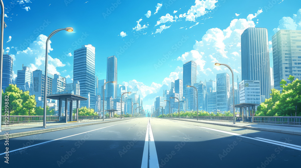 Obraz premium Straight road to modern city with high buildings, street lights and bus stops. Cartoon vector illustration of asphalt highway lead to metropolis with skyscrapers, sun on blue sky during summer day.