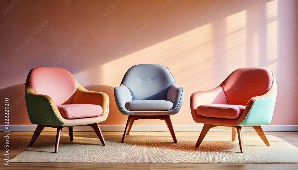 Fototapeta premium Three retro-inspired armchairs in pastel tones are arranged on a rug, illuminated by soft natural sunlight against a pink wall.