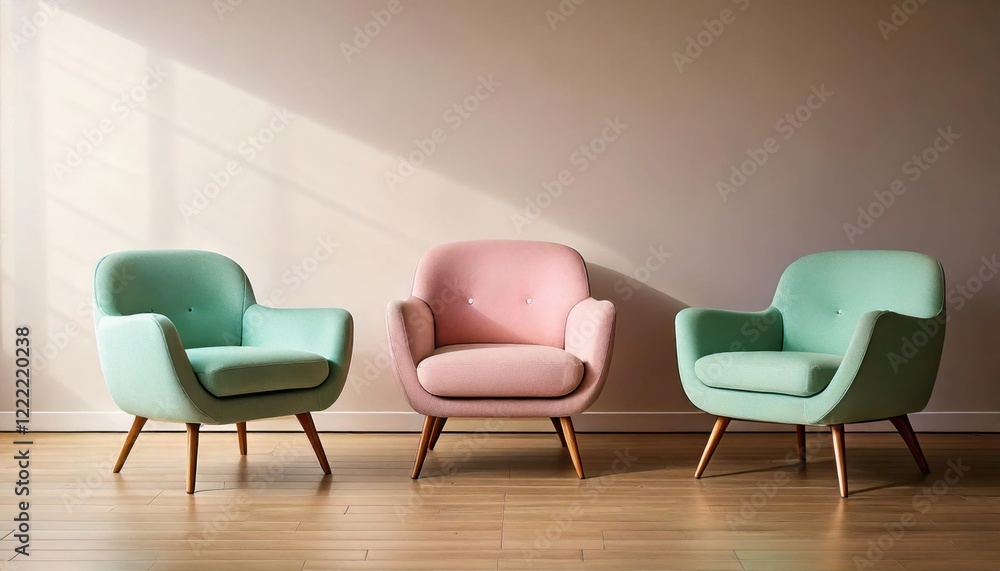 Three pastel-colored armchairs, featuring sleek wooden legs and soft upholstery, arranged on a wooden floor under natural sunlight. Three pastel-colored armchairs, featuring sleek wooden legs and soft upholstery, arranged on a wooden floor under natural sunlight.