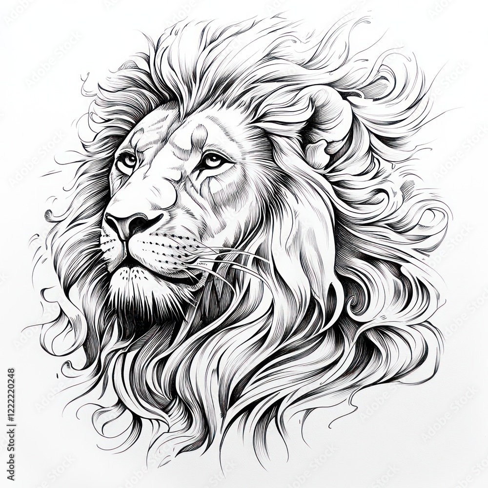 Majestic Lion Head Ornate Mane Detailed Drawing Majestic Lion Head Ornate Mane Detailed Drawing