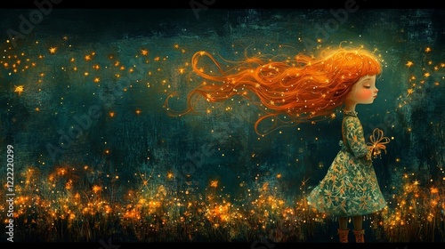 Magical and cozy fantasy zodiac girl with flowing red hair and stars mystical Sagittarius illustration. Generative AI