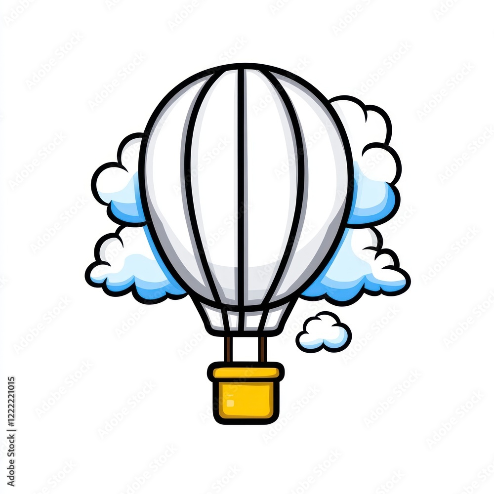 Obraz premium A white hot air balloon with a yellow basket floats in the clouds.