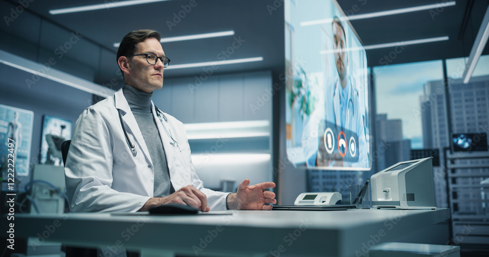 Futuristic Telemedicine Holographic Display: Doctor Does Video Call Consultation with Specialist Colleague. Advanced Medical Technology Remote Patient Care. Communication Transform Healthcare
