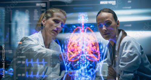 Bild auf Leinwand Physician And Patient Examine Holographic Body Models