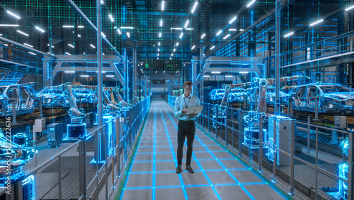 Technician Activates Futuristic Automotive Factory, Warehouse Construction of Robotic Arms and Vehicle Frames. Advanced Manufacturing Visualization Digital Twin Technology and Smart Production System photo