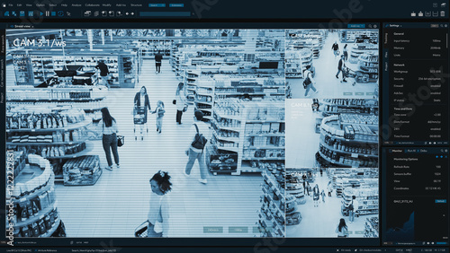 Photos Mock-up CCTV Shot in Supermarket: People Shopping in a Grocery Store