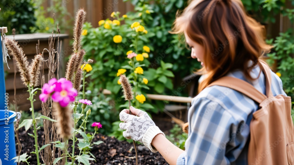 Young Woman Gardener Tending to Flowers in Her Garden Young Woman Gardener Tending to Flowers in Her Garden