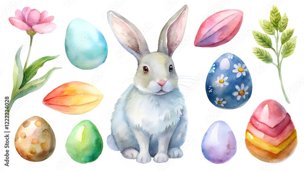 Obraz premium Watercolor easter collection, rabbit, Easter eggs, spring flowers. Hand-painted festive elements for printing, patterns, wallpaper, textiles, greeting cards