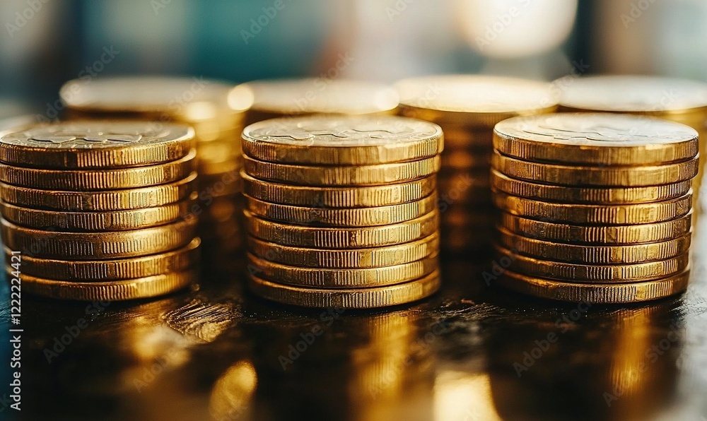 Gold coin stacks on reflective surface, blurred background, finance concept Gold coin stacks on reflective surface, blurred background, finance concept