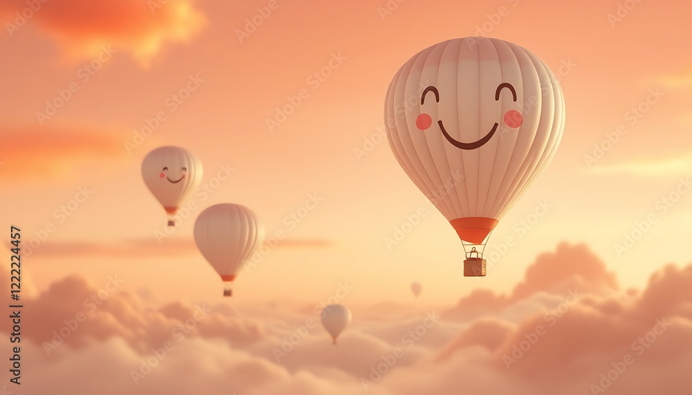 Fototapeta premium Happy Smiling Hot Air Balloons Floating Above Clouds Sunset Sky