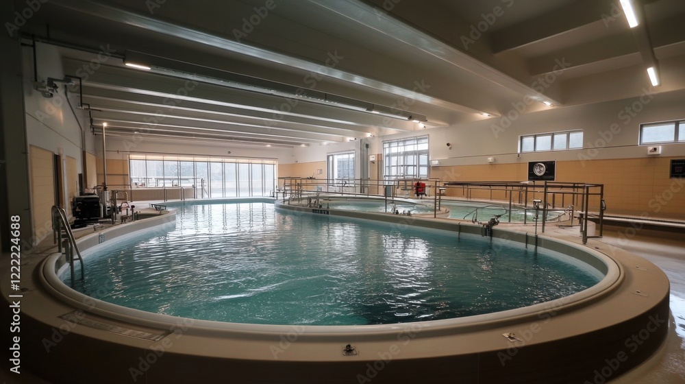 Obraz premium Industrial water treatment plant with large circular tanks and clear blue water.