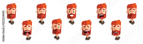 Redhead Bearded Man Head and Avatar with Emotion Vector Set