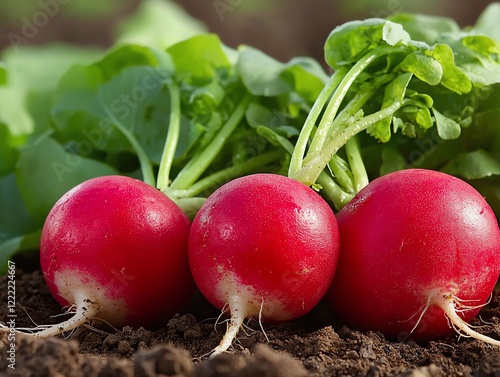 Organic radish photography, highlighting their farm-fresh appeal with natural textures photo