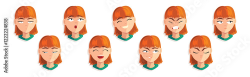 Redhead Woman Head and Avatar with Emotion Vector Set