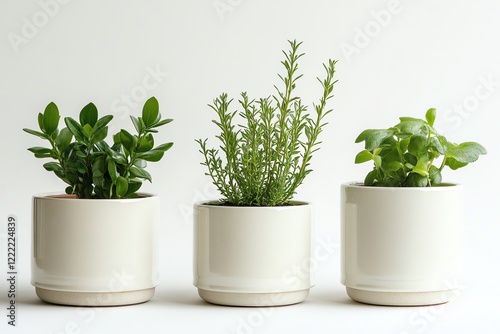 Three potted herbs in minimalist ceramic planters: a serene botanical arrangement photo