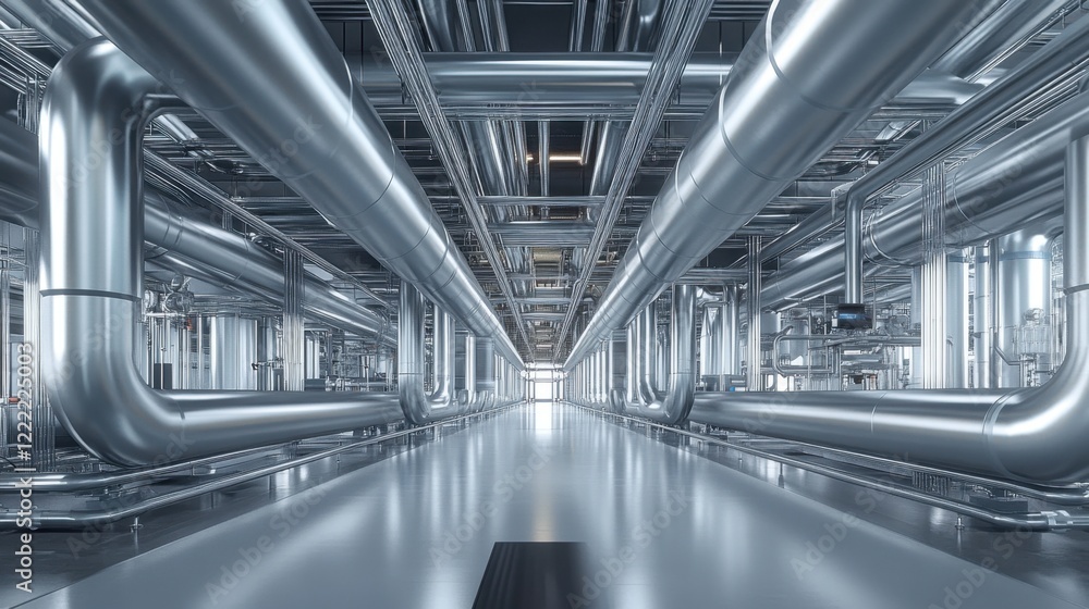 Neatly aligned pipelines with a clean metallic finish extending into the distance. Neatly aligned pipelines with a clean metallic finish extending into the distance.