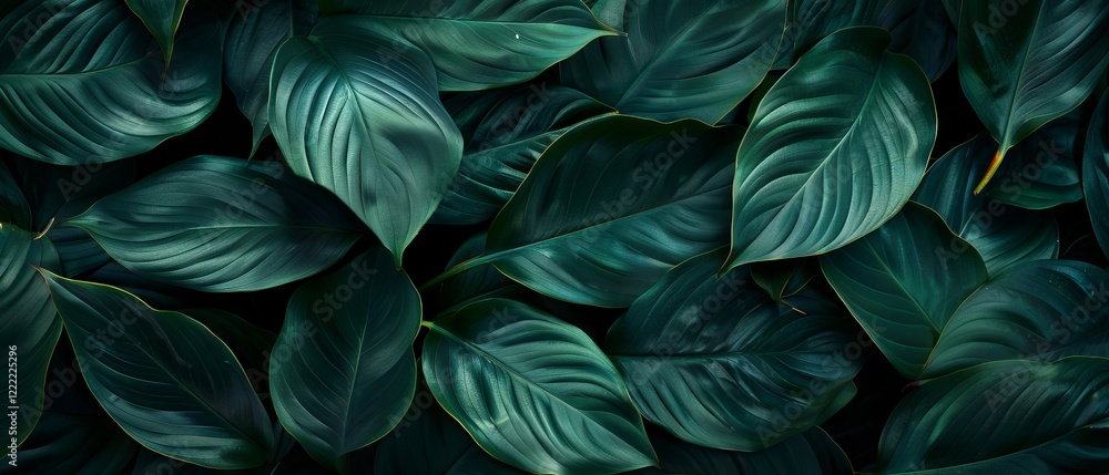 Macro view of Spathiphyllum Cannifolium tropical leaves featuring abstract dark green textures against a lush nature background Macro view of Spathiphyllum Cannifolium tropical leaves featuring abstract dark green textures against a lush nature background