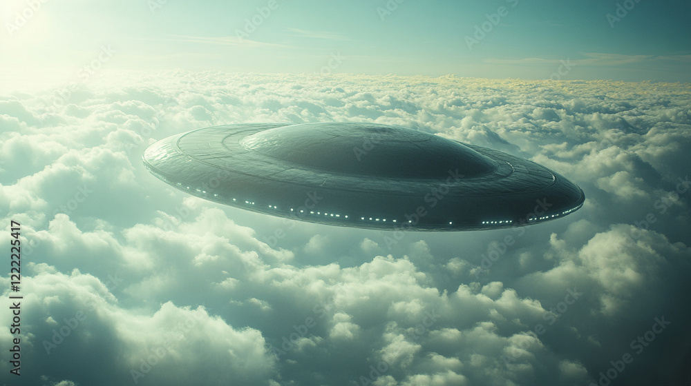 A UFO hovers over thick clouds in a bright blue sky seen through an airplane window evoking mystery and curiosity minimalistic composition modern design blank caption space with vibrant atmospheric to A UFO hovers over thick clouds in a bright blue sky seen through an airplane window evoking mystery and curiosity minimalistic composition modern design blank caption space with vibrant atmospheric to