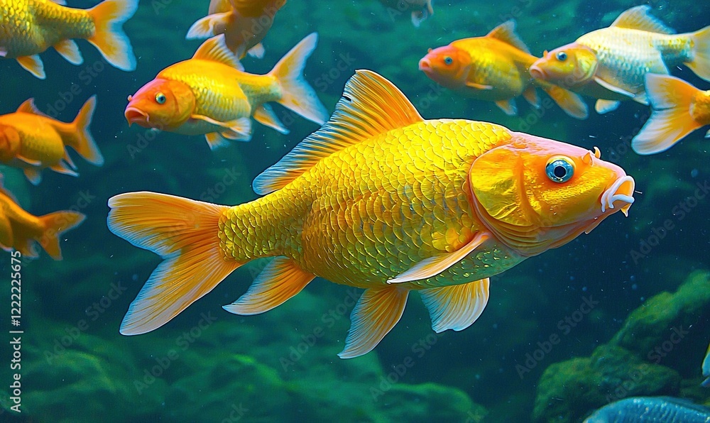 Goldfish swim in blue water with green mossy rocks, ideal for aquatic life themes Goldfish swim in blue water with green mossy rocks, ideal for aquatic life themes