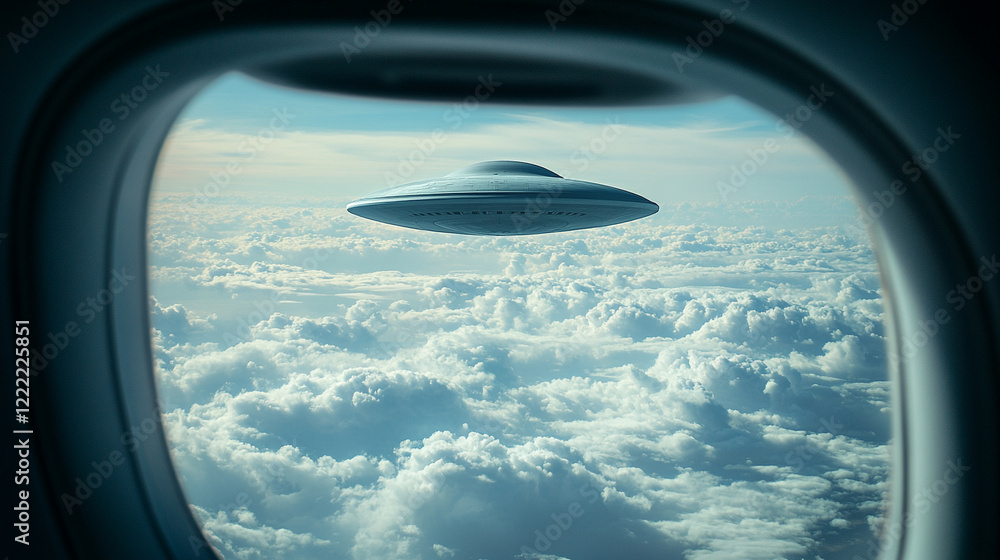 A UFO hovers over thick clouds in a bright blue sky seen through an airplane window evoking mystery and curiosity minimalistic composition modern design blank caption space with vibrant atmospheric to A UFO hovers over thick clouds in a bright blue sky seen through an airplane window evoking mystery and curiosity minimalistic composition modern design blank caption space with vibrant atmospheric to